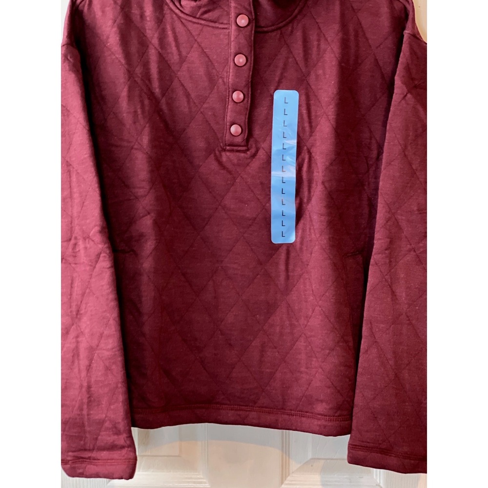 Lands' End Quilted Pullover Hoodie Women's Large Burgundy Snap Neck Top New - Picture 3 of 13